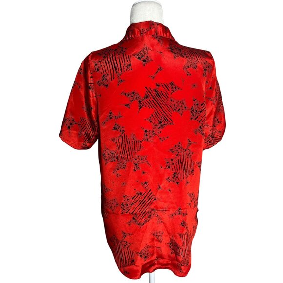 Vintage 80s Red Black Button Up Blouse Medium Short Sleeve Abstract Print - Picture 4 of 8